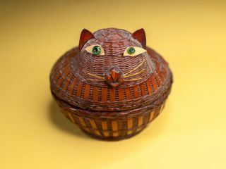 Vintage Wicker Cat Basket With Lid And Green Eyes