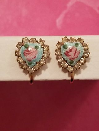 Vintage Guilloche Screwback Earrings Heart Shaped Light Blue/Pink Rose SWEET 2
