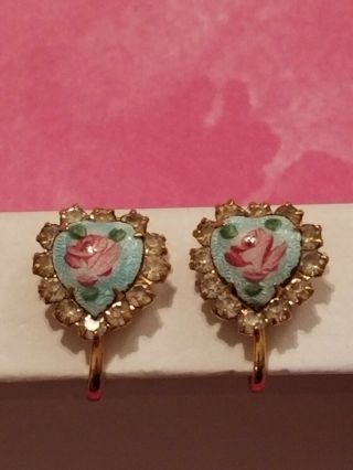 Vintage Guilloche Screwback Earrings Heart Shaped Light Blue/Pink Rose SWEET 3