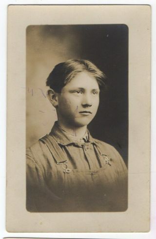 042721 Vintage Rppc Real Photo Postcard Portrait Boy Young Man In Overalls