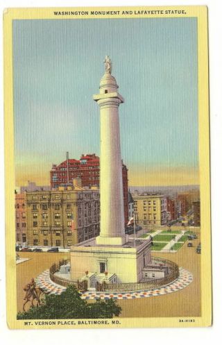 Baltimore Md Washington Monument & Lafayette Statue Vtg