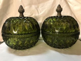 2 Vintage Green Indiana Tierra Glass Candy Dish With Lid Brass Handle