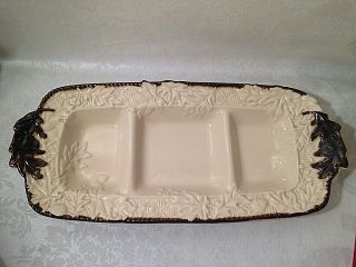 Vtg Ceramic Relish Dish 3 Sections Divided Serving Tray Plate 15 " X7 " Brown Beige
