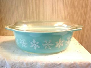 Vintage Pyrex Turquoise Snowflake Oval Casserole Dish 1.  5 Qt 043 W Glass Lid