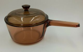 Vision Corning Pyrex Ware 1.  5 L Lid Amber Sauce Pan Pot Dish Cooking Usa Handle