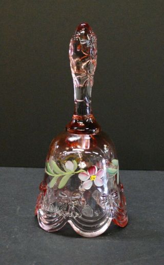 Fenton Pink Glass Bell Hand Painted By B.  Montgomery