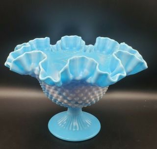 Vintage Fenton Hobnail Blue And White Slag Glass Ruffled Compote 9 - 1/2 " Wide