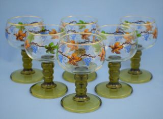 Set Of 6 Vintage Cordial/ Wine Glasses Decorated W/ Grapes And Leaves Green Stem