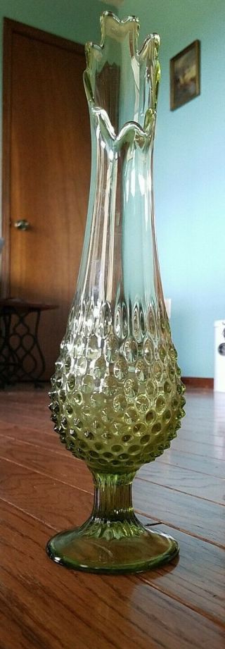 Vintage Fenton Green Glass Hobnail Swung Vase 14” Tall