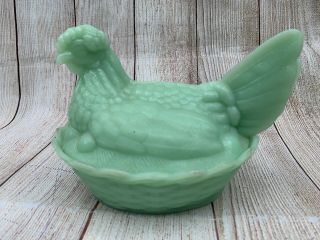 Jadeite Green Glass Hen On Nest Covered Dish 7” Wide