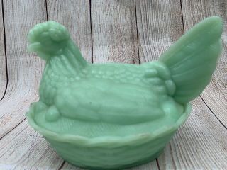 Jadeite Green Glass Hen on Nest Covered Dish 7” wide 3