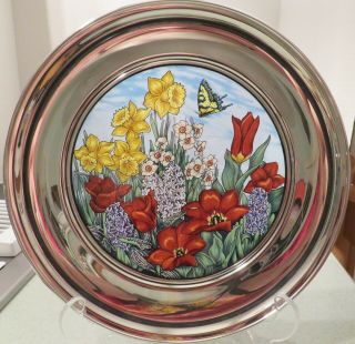 Vtg U.  S.  Historical Society Jefferson Pewter Stained Glass Plate - Spring Flowr -