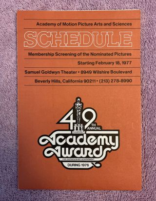 Oscars - 49th Annual Academy Awards - Theater Screening Schedule (1977) - Scarce