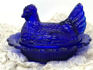 Vintage Cobalt Blue Glass Covered Hen On A Nest Chicken In A Basket Candy Dish