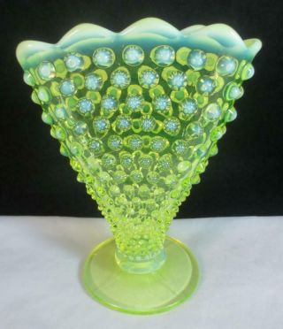 Fenton Hobnail Opalescent Topaz Vaseline Glass 6 " Footed Fan Vase