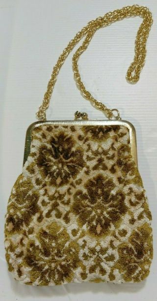 Vintage Textured Floral Carpet Bag Frame Chain Handle Handbag Bag