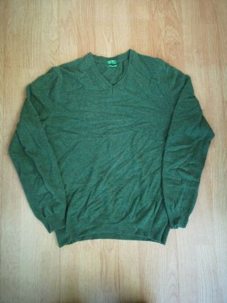 Vintage United Colours Of Benetton Jumper Sweater M 8 10 Green V - Neck Y2k Wool