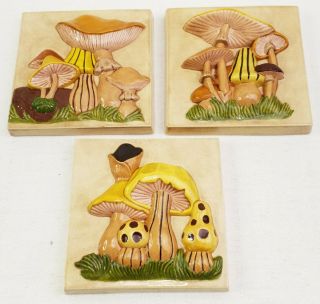 Vintage Hand Painted Ceramic Mushroom Wall Plaques Set Of 3 Artist Signed 5 " X5 "