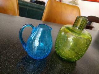 Mid Century Modern Blenko Rainbow Crackle Glass Green Blue Pitcher Vases