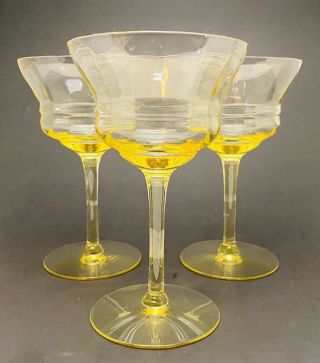 Vintage Optic Panel Depression Glass Set Of 3 Yellow Wine Glasses 5 1/2 "