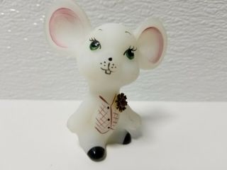 Fenton White Satin Glass Hand Painted Mouse With Birthstone Red