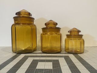 Vintage Le Smith Amber Glass Paneled Canisters,  Set Of 3