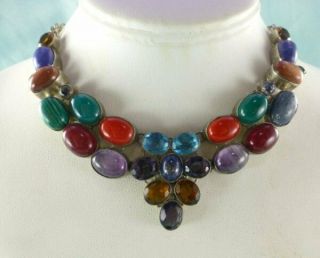 Vintage Multi Color Glass Cabochon Necklace Silver Tone Faux Gemstones Fab