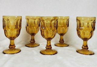 5 Indiana Glass Vintage Amber Heavy Thumbprint Goblets 5 1/4 "