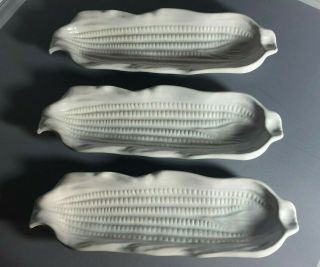 3 Vintage Signature Japan White Ceramic Corn On The Cob Dishes Holders Trays