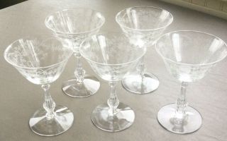 Vtg Set Of 5 Fostoria Corsage Etched Crystal Tall Champagne/sherbet Glasses