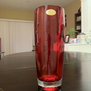 Bohemian Czech Republic Ruby Red Lead Crystal Vase W/2 Stickers 10” Tall & Heavy