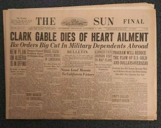 Death Of Clark Gable - Movie Star - Hollywood - 1960 Baltimore Newspaper