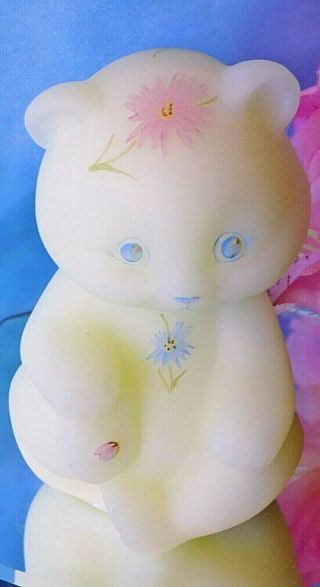 Fenton Custard Satin Glass Bear Figurine Hp Pink & Blue Asters
