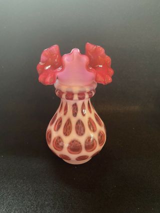 Vintage Fenton Glass Cranberry Coin Dot Vase Ruffled Rim