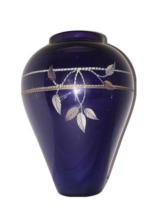 Vintage Fenton Hand Painted Cobalt Blue 10” Glass Vase Signed A.  Fisher Vines
