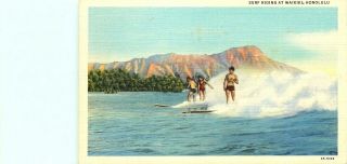 Surfing On Waikiki,  Honolulu,  Hawaii,  Linen Type Vintage Postcard