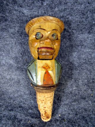 Vintage German Carved Wood Wine Bottle Cork Stopper Mechanical Mouth & Eyes