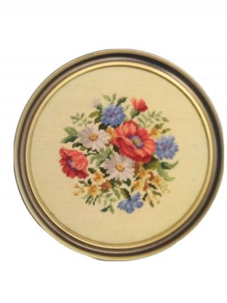 Vintage Hand Cross Stitched Floral Picture Framed 13.  1/4 " Round Flower Bouquet