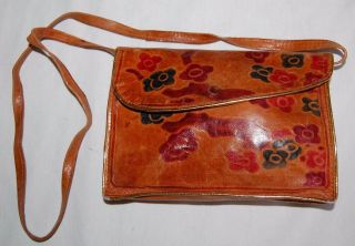 Vintage Brown Leather Handbag Red Green Floral Removable Strap India Purse Bag