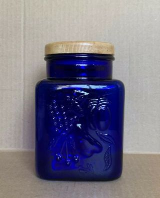 Vintage Heavyweight Cobalt Blue Glass Square Canister With Wooden Lid 7.  25” H