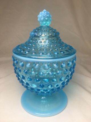 Fenton Blue Opalescent Hobnail Dish Bowl With Lid