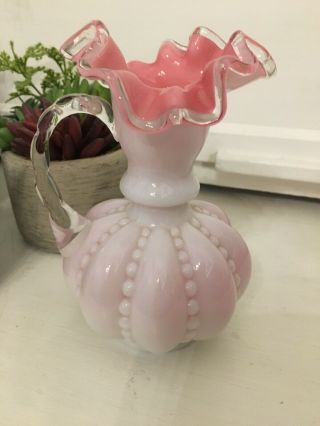 Vintage Fenton Milk White & Pink Glass Pitcher Vase Ruffle Edge (e31)