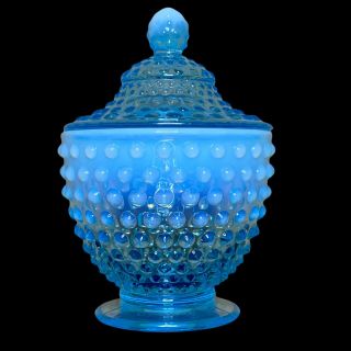 Fenton Blue Opalescent Hobnail Dish Bowl With Lid No Chips Or Cracks 7” Tall