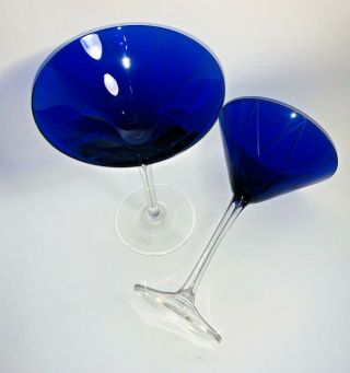 3 Vintage Cobalt Blue Martini Glasses With Clear Stem Etched 7 " Tall