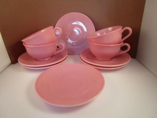 Vintage Hazel Atlas Milk Glass Ovide Coral Pink Set Of 4 Cups & 6 Saucers