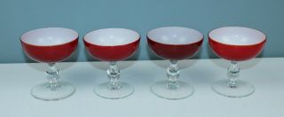4 Vtg Carlo Moretti Murano Red & White Cased Glass Martini Or Champagne Glasses
