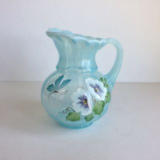 Fenton Blue Rib Optic Pitcher,  Hand Painted By S Jackson 2007