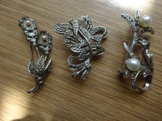 3 Lovely Vintage Marcasite Brooches