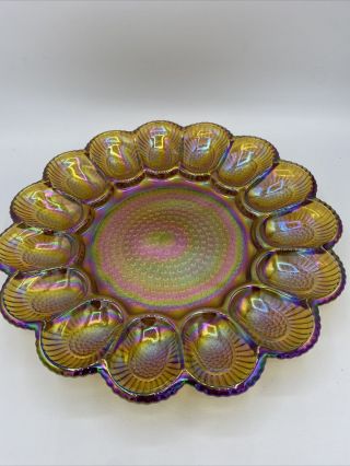 Vintage Hobnail Indiana Carnival Glass Egg Plate Iridescent Amber