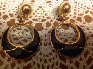 Napier Black Enamel & Goldtone Door - Knocker Pierced Earrings Signed Vintage